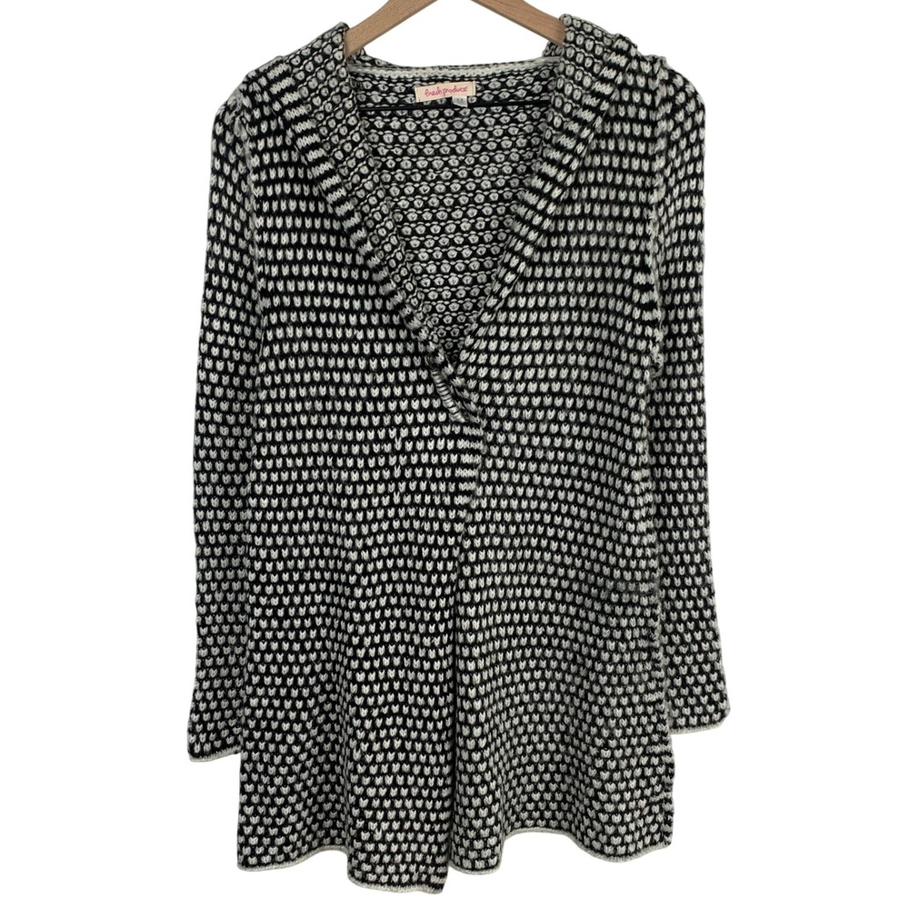FRESH PRODUCE Textured Knit Hooded Cardigan w Pin Sz M Black White Cozy Fall